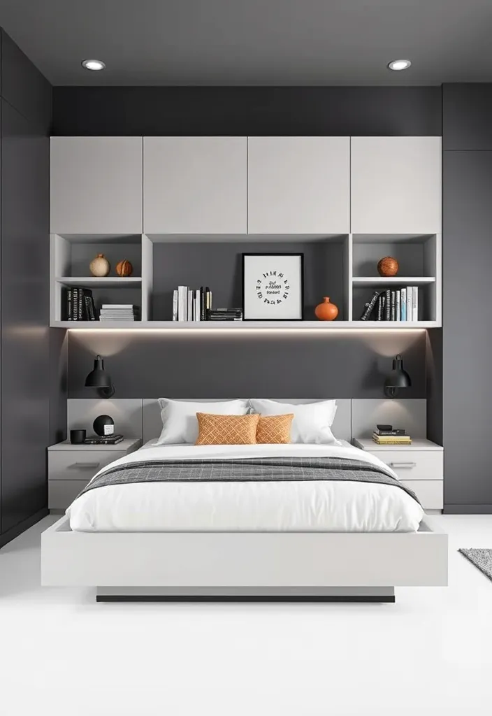 24 Stunning Corner Bed Designs to Maximize Your Space (You’ll Love #12!) - 5. Contemporary Corner Bed with Built-in Shelves