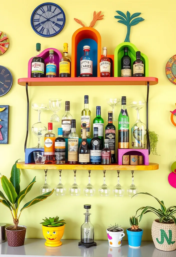 24 Stylish DIY Bar Shelf Ideas for Your Home Bar Designs - 14. Artistic Bar Shelf