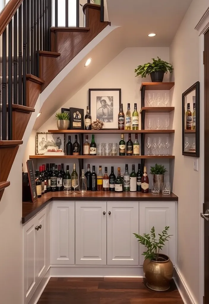 24 Stylish DIY Bar Shelf Ideas for Your Home Bar Designs - 16. Under-stair Bar Shelf