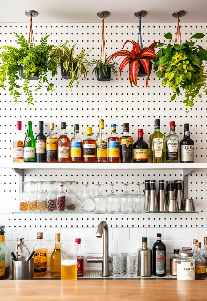 24 Stylish DIY Bar Shelf Ideas for Your Home Bar Designs - 17. Bar Shelf with Pegboard Backdrop