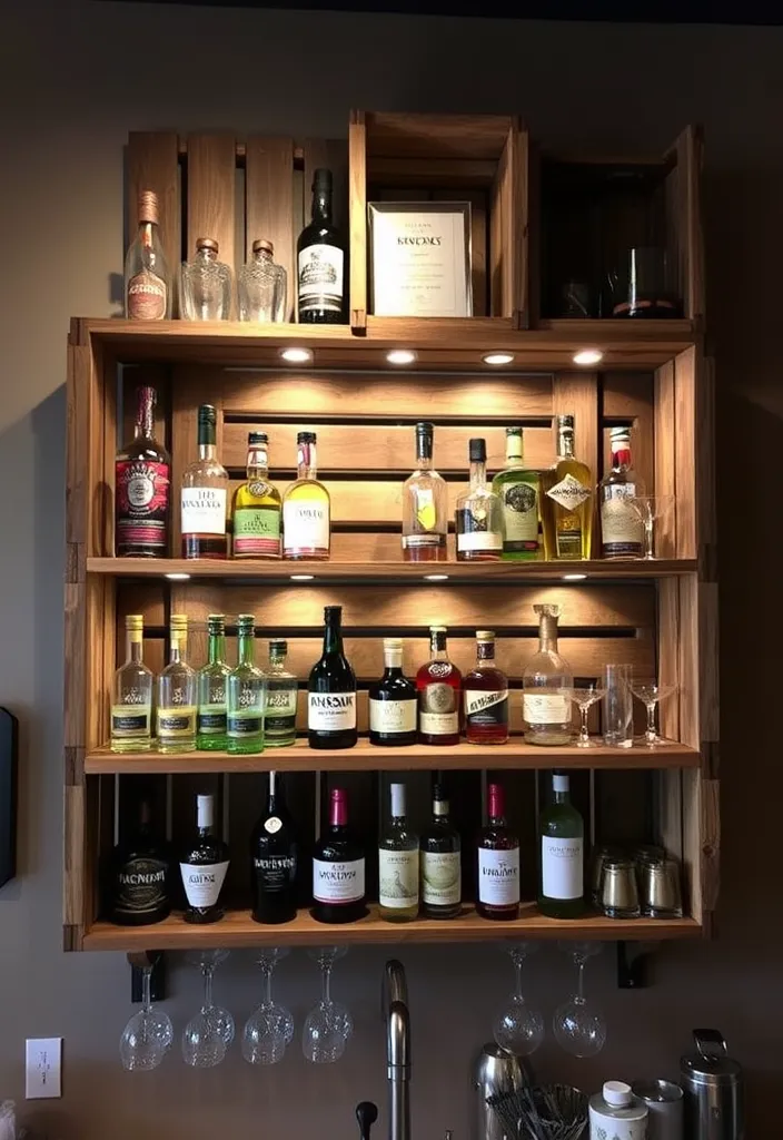 24 Stylish DIY Bar Shelf Ideas for Your Home Bar Designs - 19. Creative Wood Crate Shelf