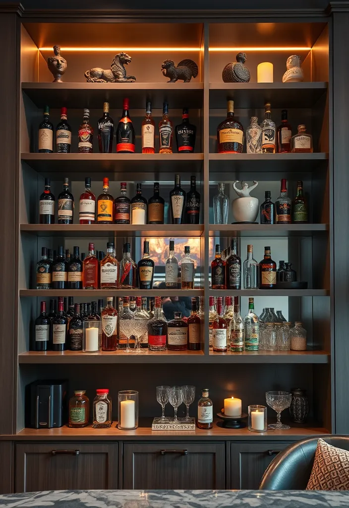 24 Stylish DIY Bar Shelf Ideas for Your Home Bar Designs - 20. Open Shelving with Decorative Accents