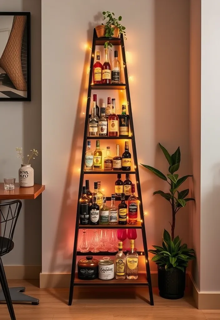 24 Stylish DIY Bar Shelf Ideas for Your Home Bar Designs - 22. Stylish Ladder Bar Shelf