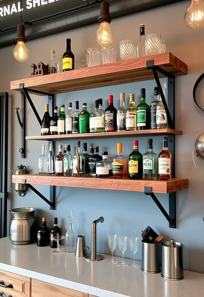 24 Stylish DIY Bar Shelf Ideas for Your Home Bar Designs - 23. Bar Shelf with Reclaimed Wood and Metal