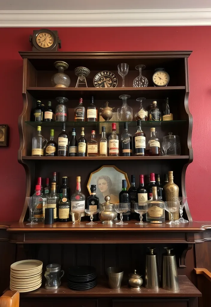 24 Stylish DIY Bar Shelf Ideas for Your Home Bar Designs - 24. Vintage Bar Shelf