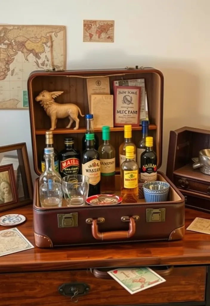 24 Stylish DIY Bar Shelf Ideas for Your Home Bar Designs - 5. Vintage Suitcase Bar