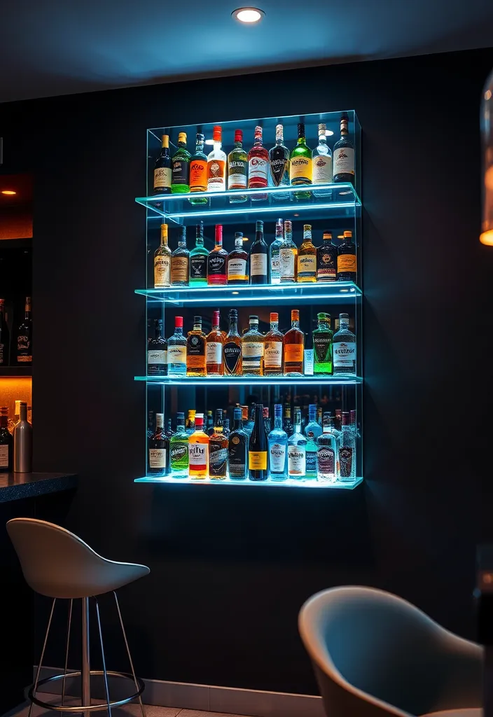 24 Stylish DIY Bar Shelf Ideas for Your Home Bar Designs - 6. Glass Display Shelves