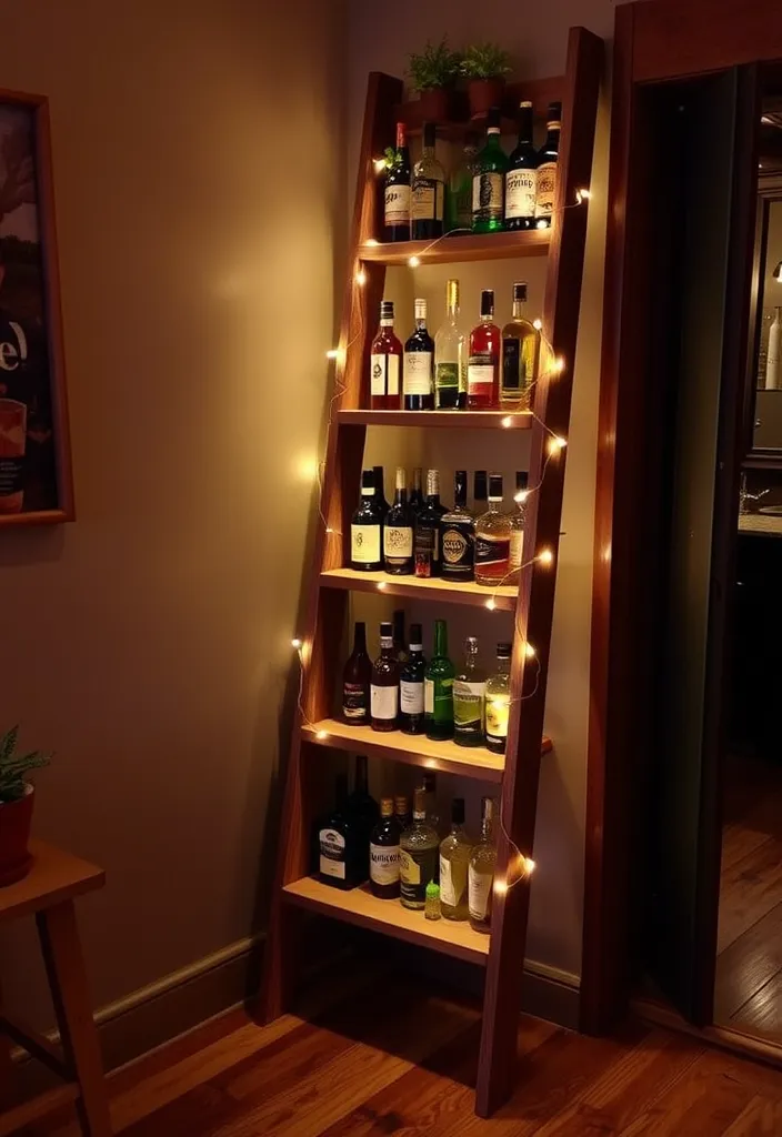 24 Stylish DIY Bar Shelf Ideas for Your Home Bar Designs - 8. Repurposed Ladder Shelf