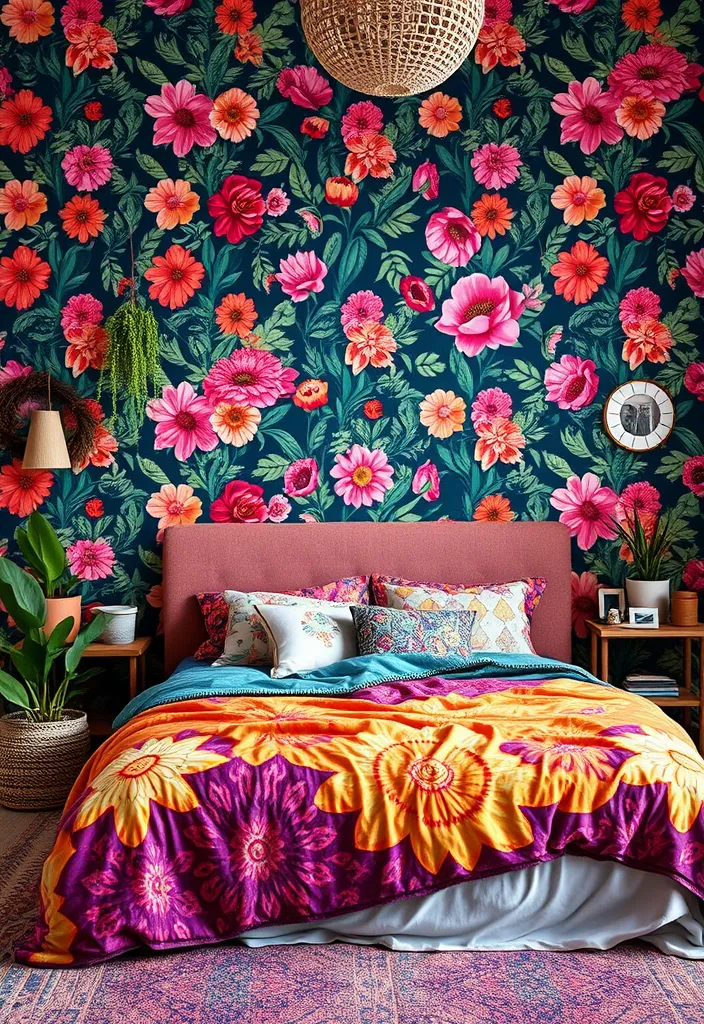 25 Boho Bedroom Ideas: Layer Textures & Eclectic Accents - 6. Bold Wallpaper