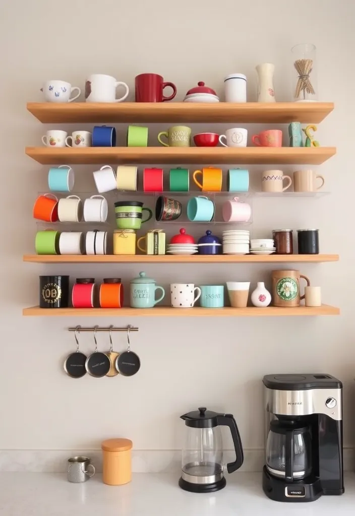 25 Creative DIY Home Coffee Bar Ideas to Perk Up Your Mornings - 8. Floating Shelves with Coffee Mugs Display