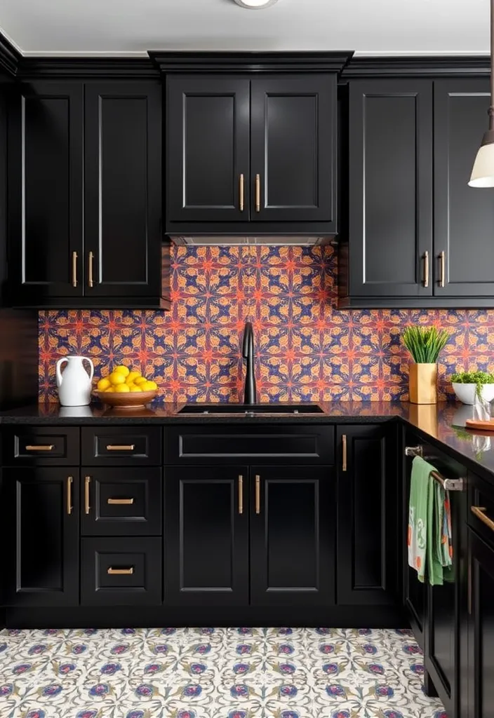 25 Striking Black Kitchen Cabinet Ideas That Add Depth Without the Dark! - 10. Black Cabinets with Bold Patterns