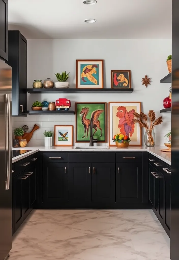 25 Striking Black Kitchen Cabinet Ideas That Add Depth Without the Dark! - 12. Black Cabinets with Artistic Flair