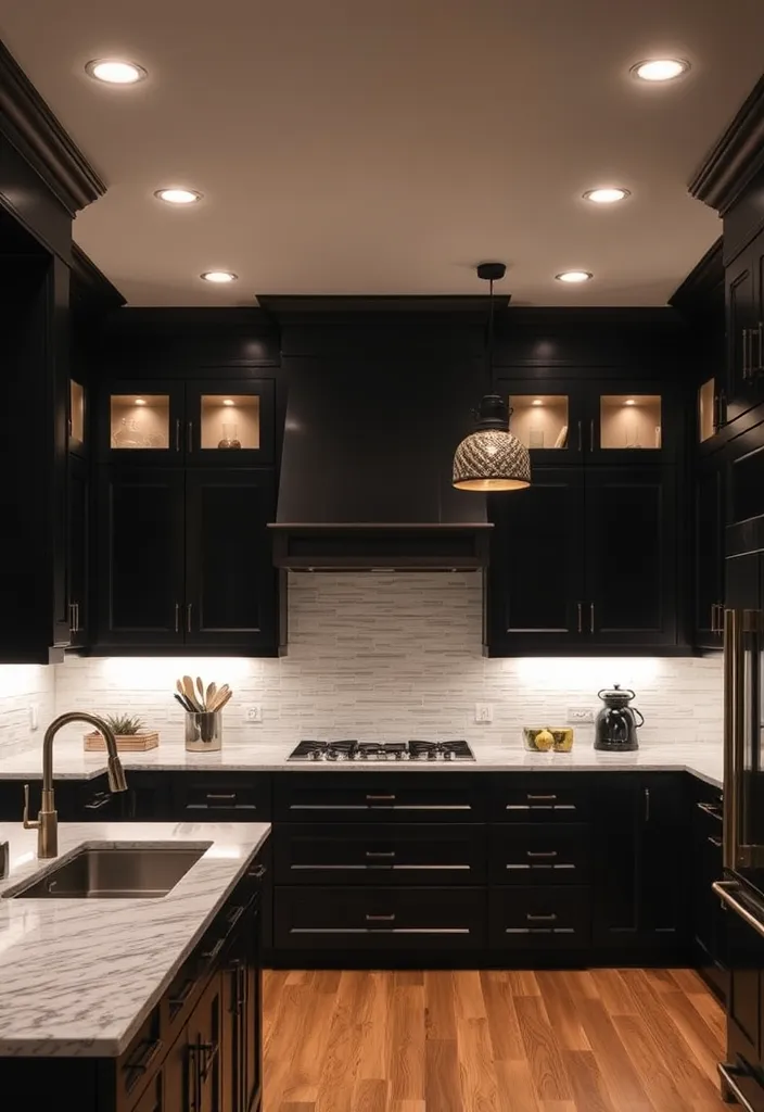 25 Striking Black Kitchen Cabinet Ideas That Add Depth Without the Dark! - 13. Layered Lighting for Depth