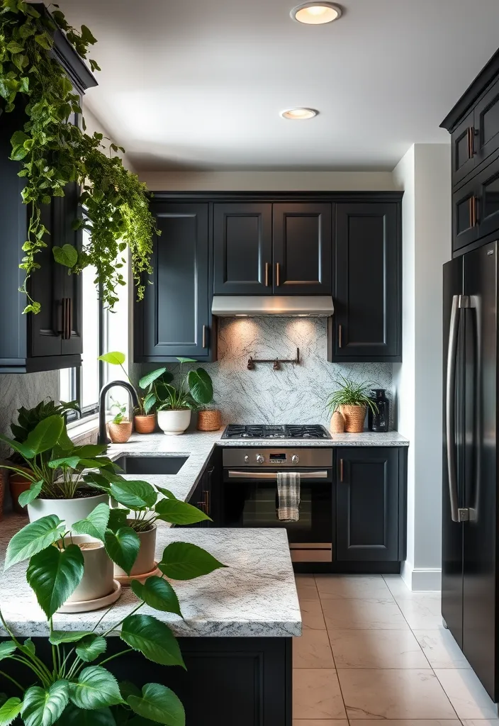 25 Striking Black Kitchen Cabinet Ideas That Add Depth Without the Dark! - 14. Incorporating Natural Elements