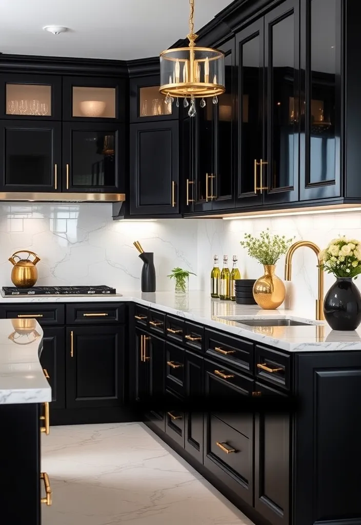 25 Striking Black Kitchen Cabinet Ideas That Add Depth Without the Dark! - 15. Black Cabinets with a Hint of Gold