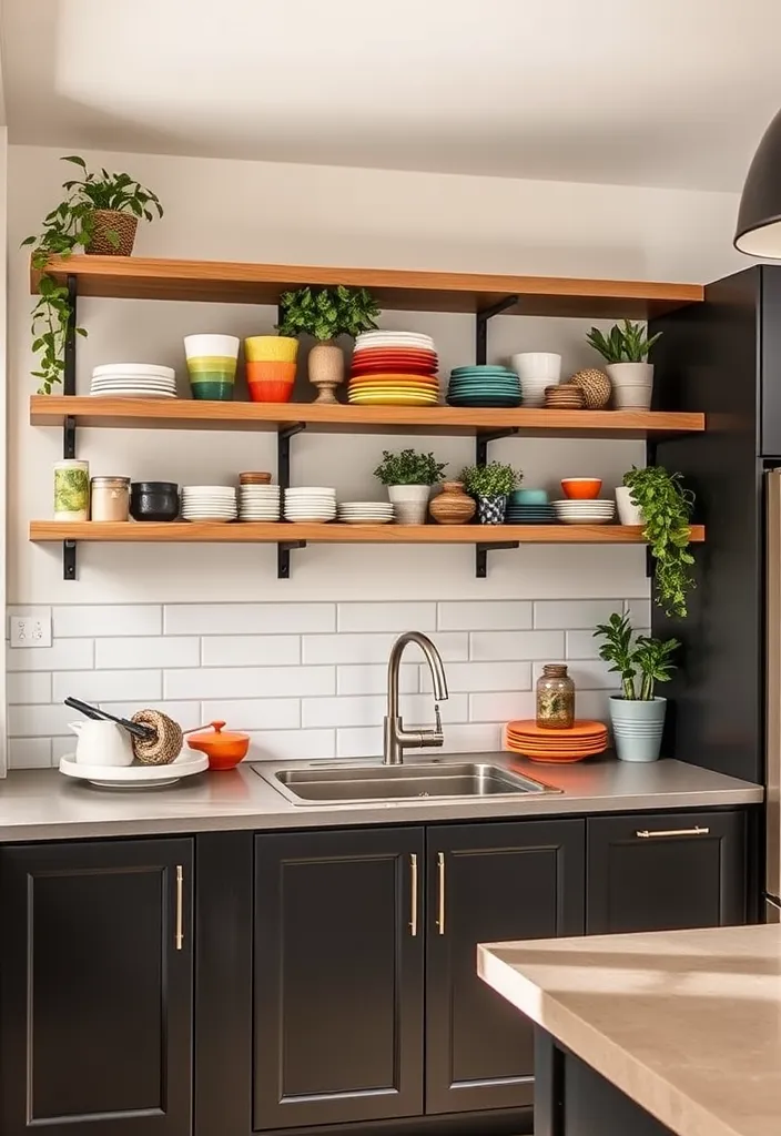 25 Striking Black Kitchen Cabinet Ideas That Add Depth Without the Dark! - 2. Open Shelving for Depth and Display