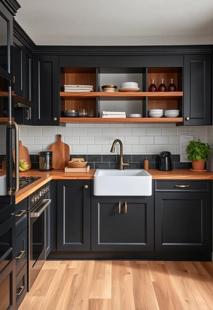 25 Striking Black Kitchen Cabinet Ideas That Add Depth Without the Dark! - 4. Black and Wood Combination