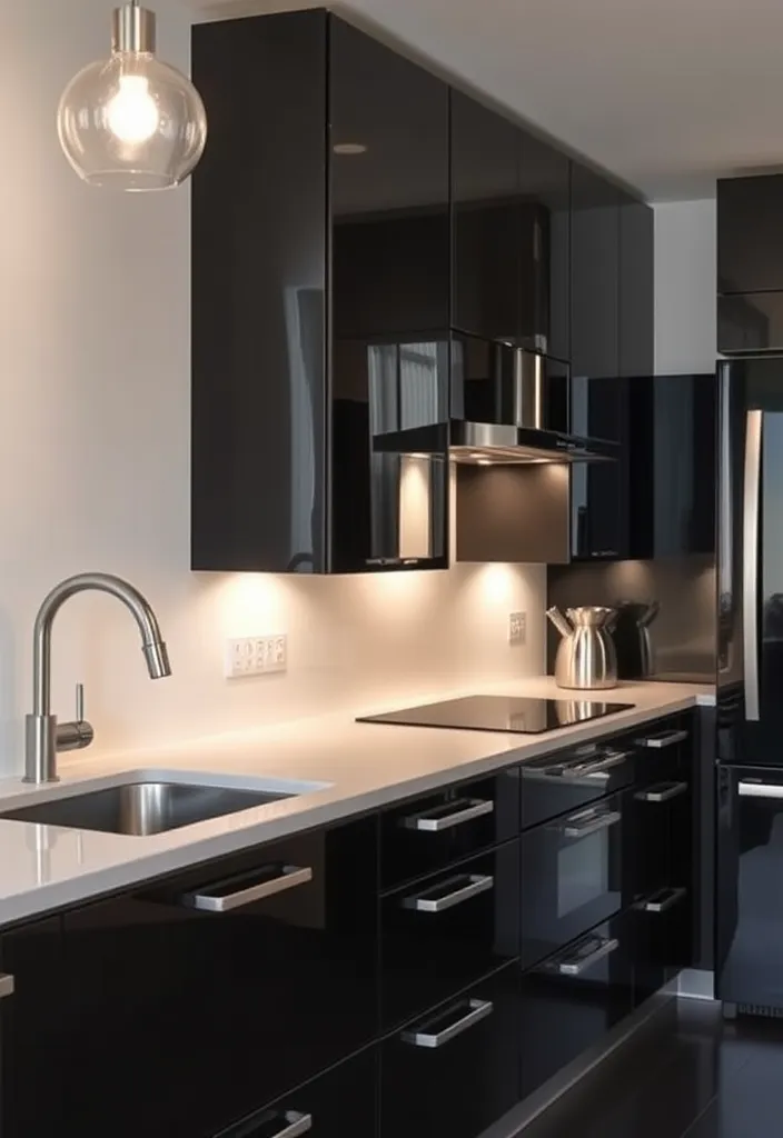 25 Striking Black Kitchen Cabinet Ideas That Add Depth Without the Dark! - 5. Glossy Finishes for a Chic Look