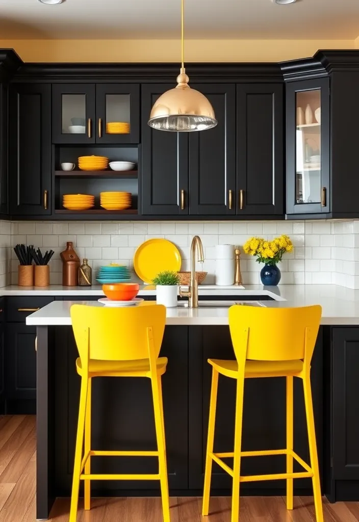 25 Striking Black Kitchen Cabinet Ideas That Add Depth Without the Dark! - 6. Black Cabinets with Colorful Accents