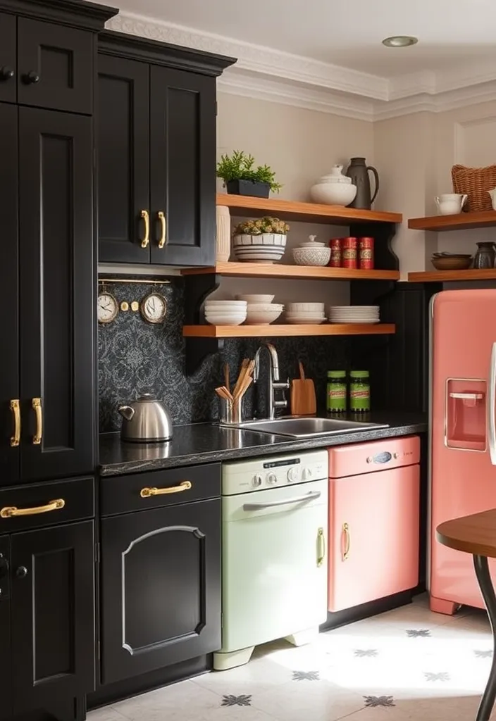 25 Striking Black Kitchen Cabinet Ideas That Add Depth Without the Dark! - 8. Black Cabinets with Vintage Touches