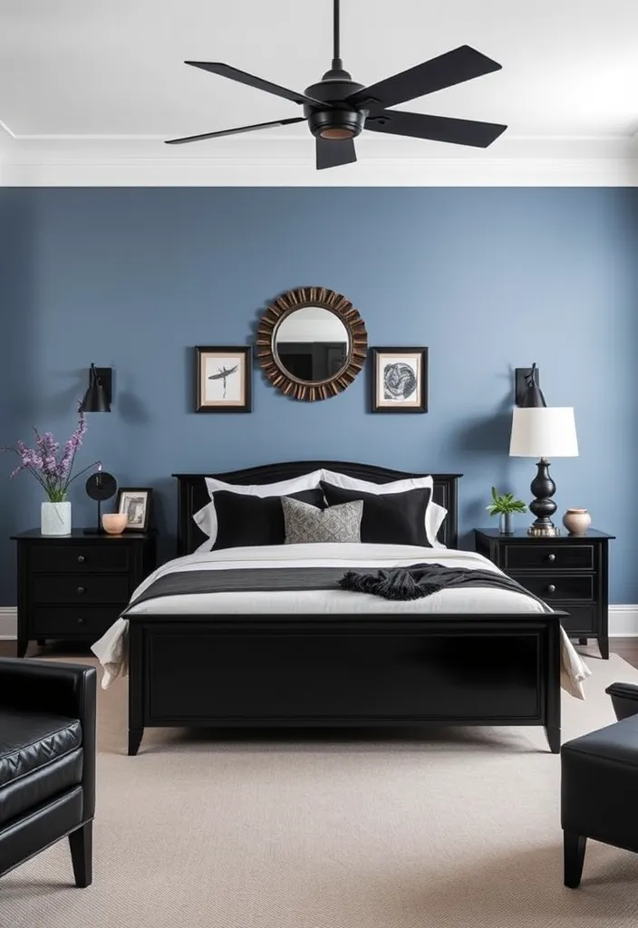 26 French Blue Bedroom Ideas for Timeless Elegance That Will Leave You Breathless! - 13. Timeless Elegance with Black Accents