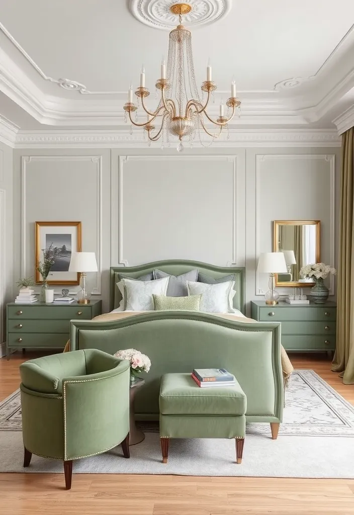 26 Sage Green Bedroom Ideas That'll Make You Want to Redecorate ASAP! - 17. Modern Classic