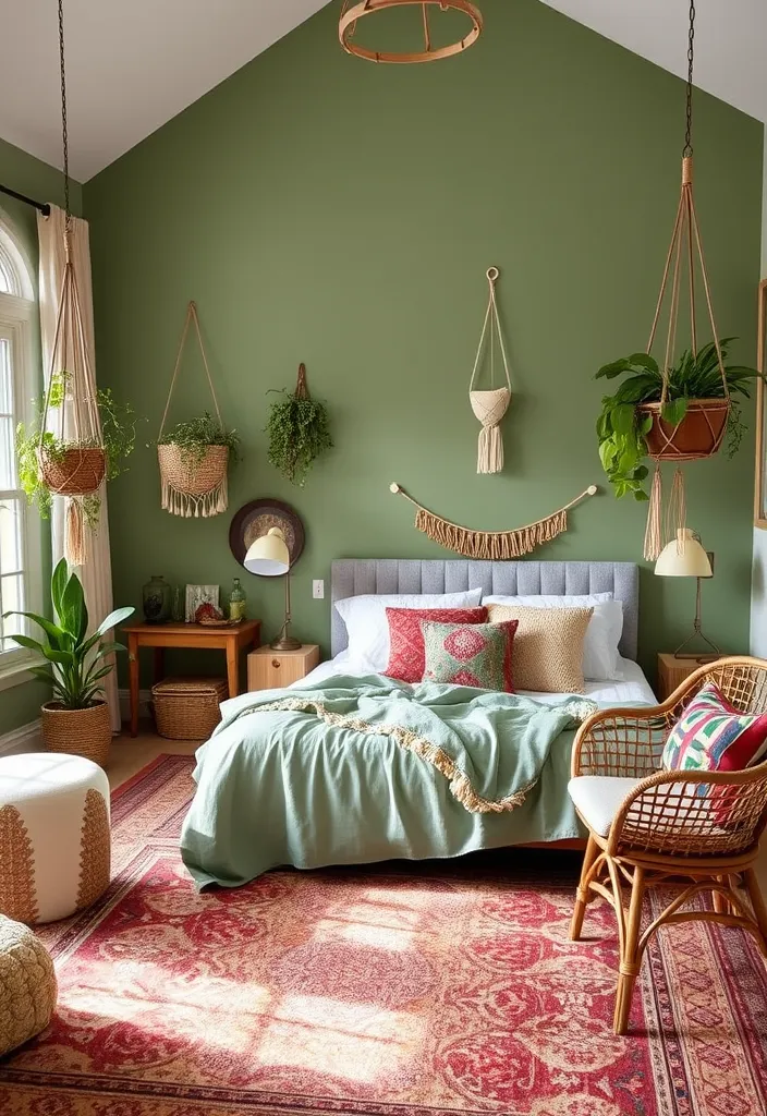 26 Sage Green Bedroom Ideas That'll Make You Want to Redecorate ASAP! - 2. Boho Chic Vibes