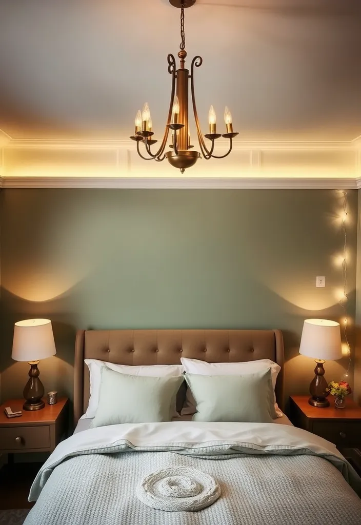 26 Sage Green Bedroom Ideas That'll Make You Want to Redecorate ASAP! - 20. Layered Lighting