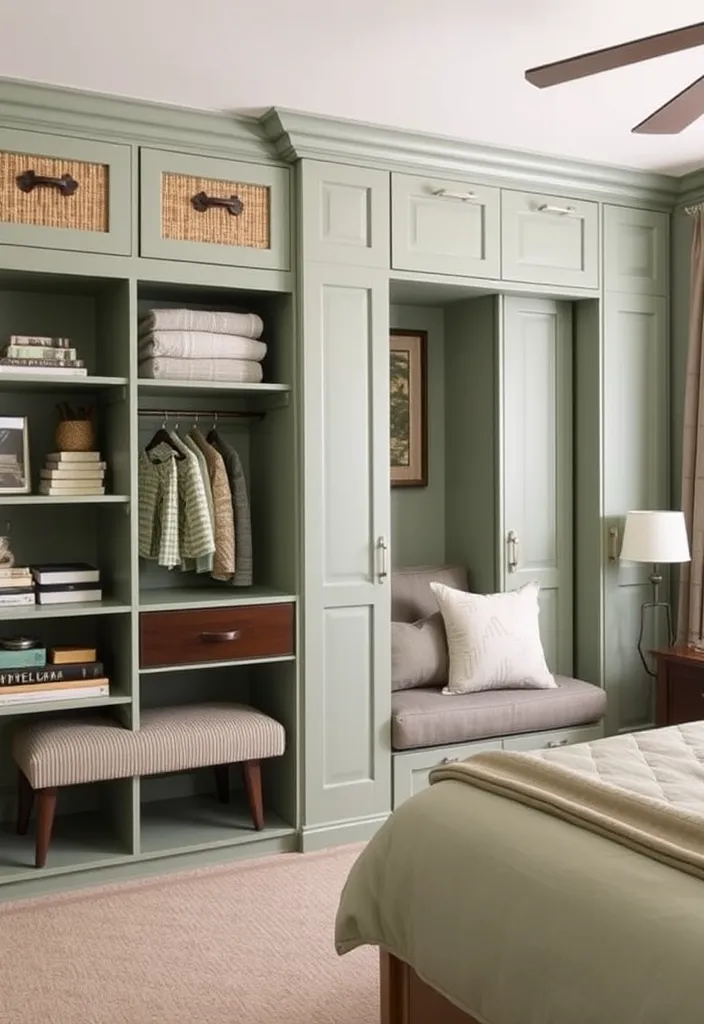 26 Sage Green Bedroom Ideas That'll Make You Want to Redecorate ASAP! - 21. Custom Storage Solutions