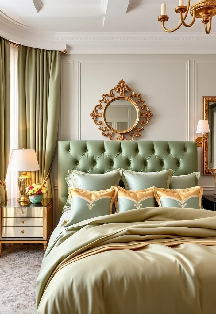 26 Sage Green Bedroom Ideas That'll Make You Want to Redecorate ASAP! - 4. Elegant Glamour