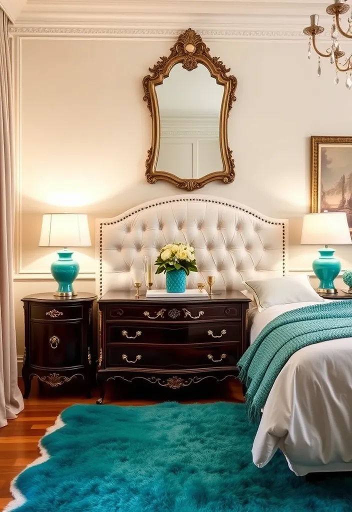 26 White and Turquoise Bedroom Ideas for a Fresh Look That Will Blow Your Mind! - 4. Vintage Glam: A Touch of Elegance