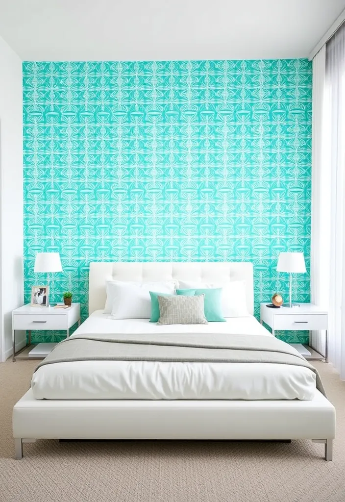 26 White and Turquoise Bedroom Ideas for a Fresh Look That Will Blow Your Mind! - 5. Modern Edge: Bold Geometric Patterns