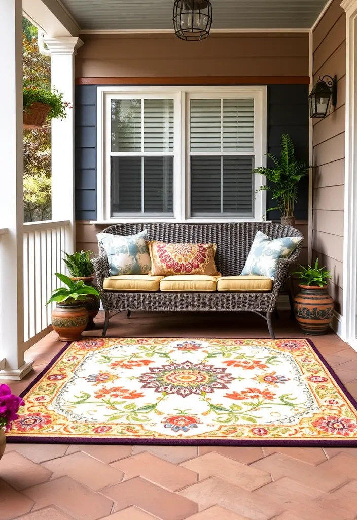 27 Charming Spring Front Porch Decor Ideas That'll Make Your Neighbors Green with Envy! - 14. Elegant Outdoor Rugs