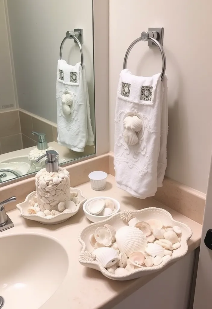 27 Coastal Bathroom Ideas That'll Make You Feel Like You're on Vacation Every Day! - 19. Seashell-Infused Accessories