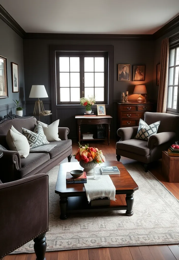 27 Dark Brown Living Room Ideas to Inspire You - 11. Dark Brown Vintage Flair