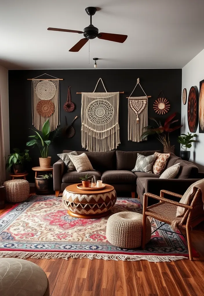 27 Dark Brown Living Room Ideas to Inspire You - 14. Dark Brown Bohemian Vibes