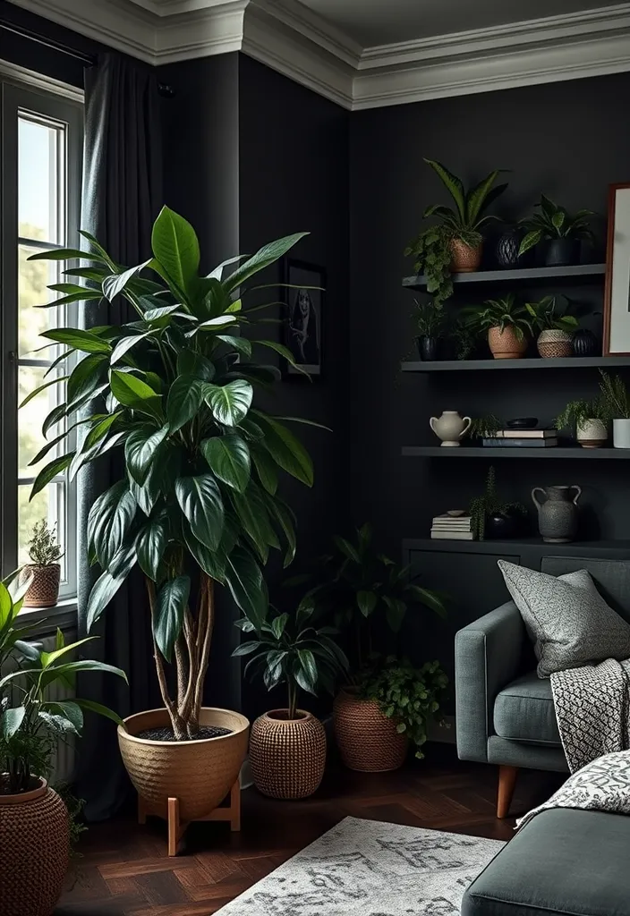 27 Dramatic Dark and Moody Living Room Ideas to Try - 10. Dark Greenery