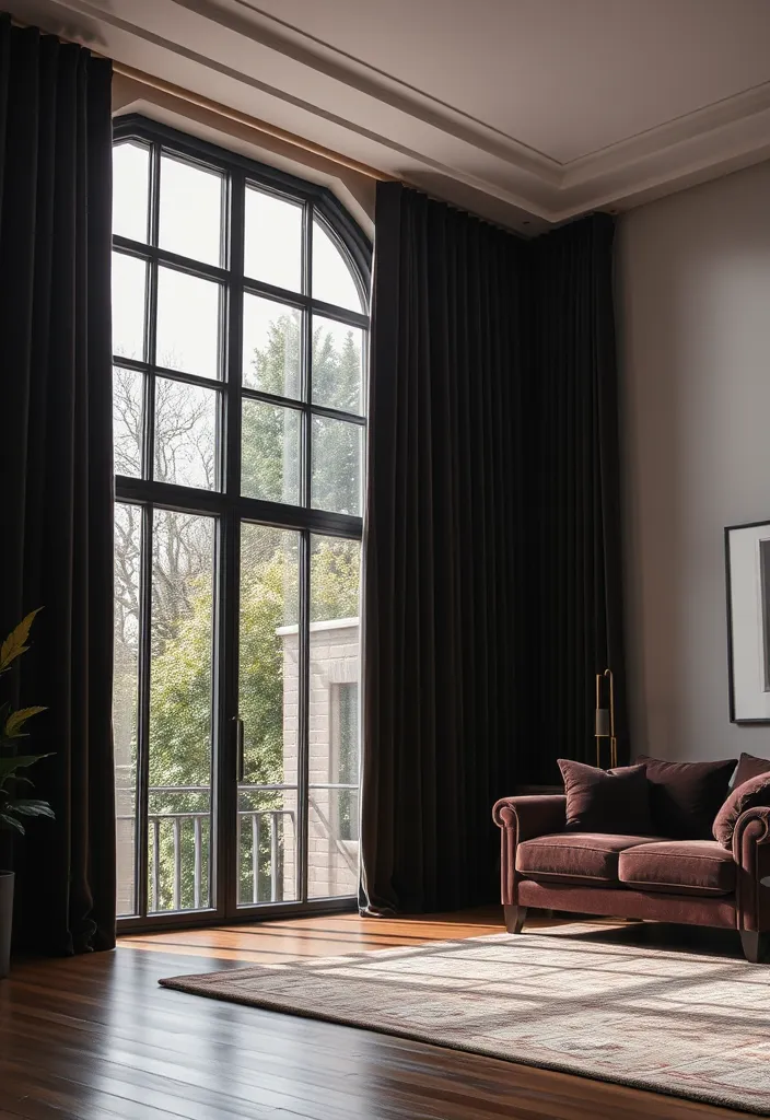 27 Dramatic Dark and Moody Living Room Ideas to Try - 15. Dark and Dramatic Curtains