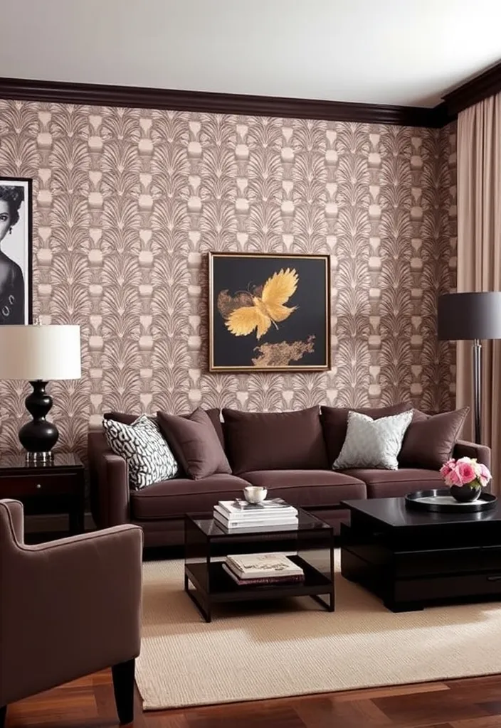 27 Dramatic Dark and Moody Living Room Ideas to Try - 18. Creative Use of Wallpaper