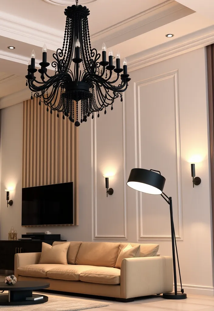 27 Dramatic Dark and Moody Living Room Ideas to Try - 5. Dramatic Lighting Fixtures