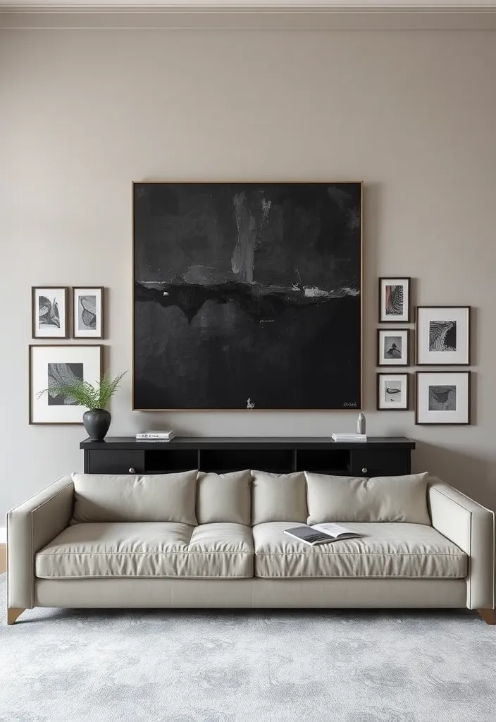 27 Dramatic Dark and Moody Living Room Ideas to Try - 7. Statement Art Pieces