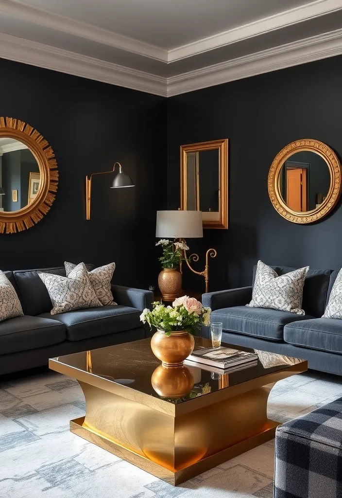 27 Dramatic Dark and Moody Living Room Ideas to Try - 9. Metallic Accents