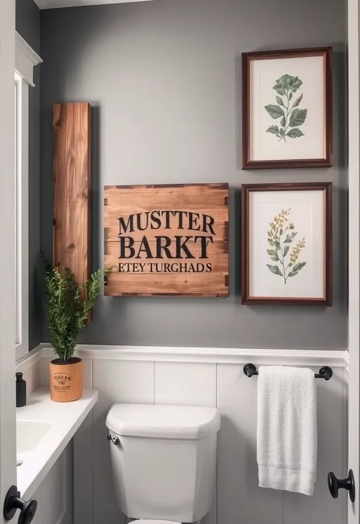 27 Farmhouse Bathroom Ideas to Freshen Up Your Space Like Never Before! - 20. Rustic Wall Art