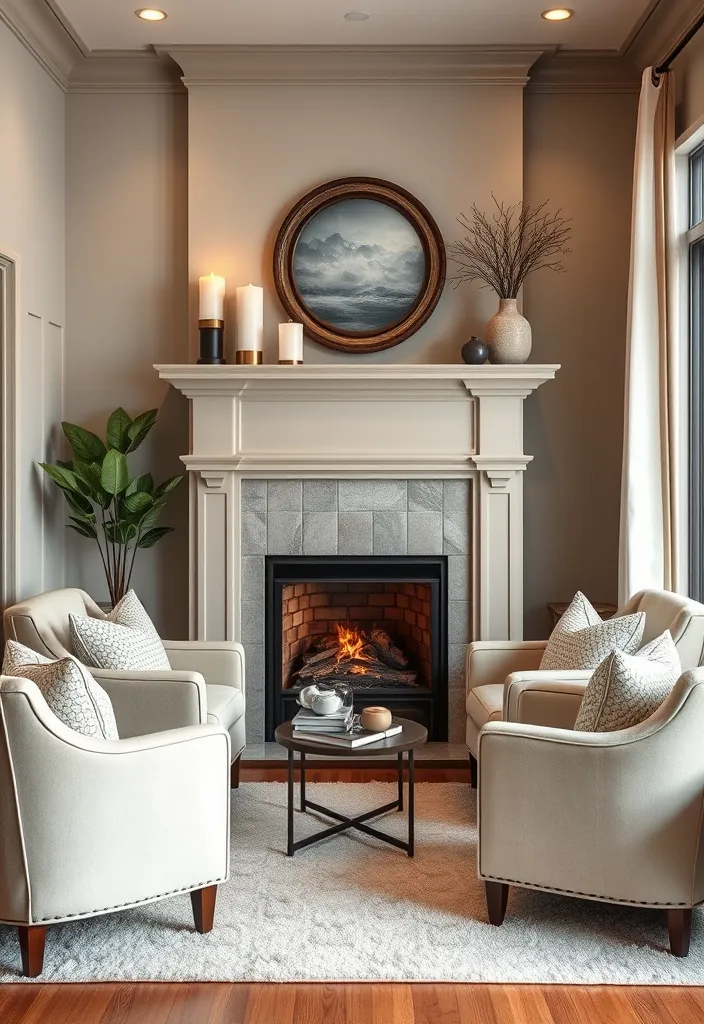 27 Neutral Living Room Ideas for Chic Coziness - 5. Cozy Fireplace Nook