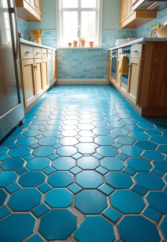 27 Vibrant Kitchen Flooring Ideas to Complement Oak Cabinets - 1. Bright Blue Hexagon Tiles