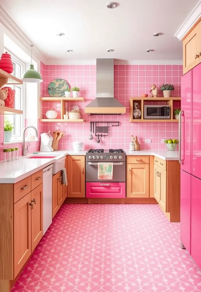 27 Vibrant Kitchen Flooring Ideas to Complement Oak Cabinets - 10. Playful Pink Patterned Tiles