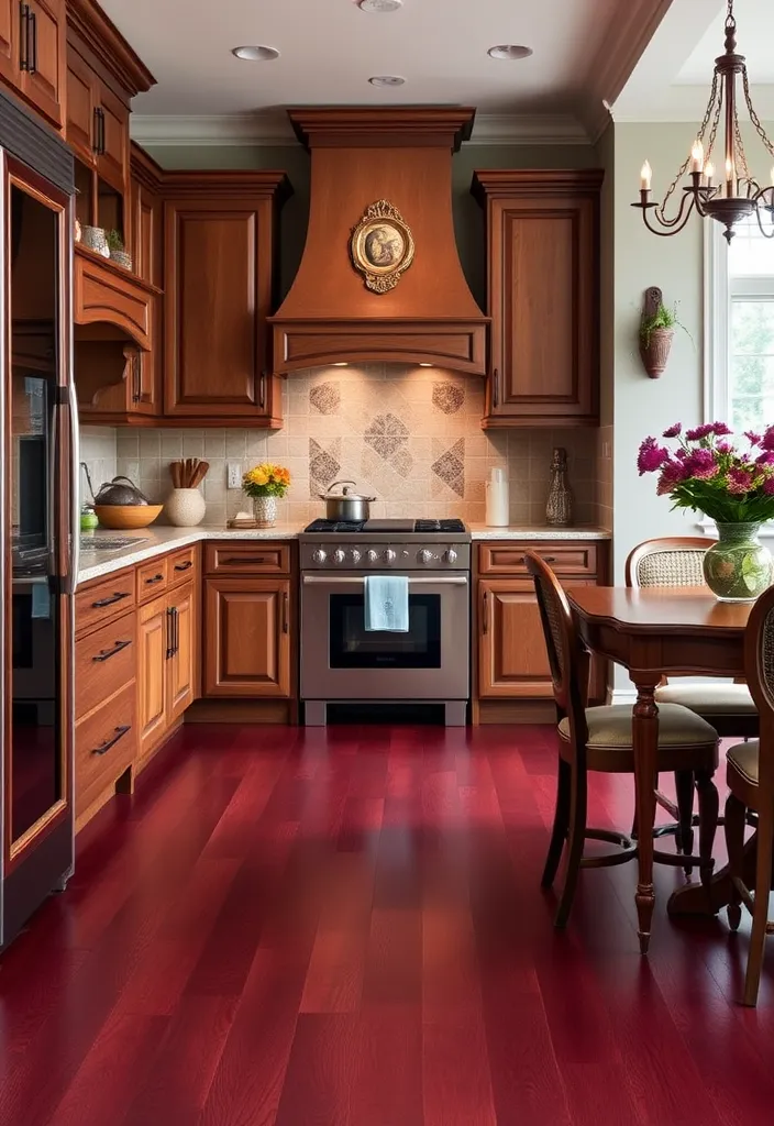 27 Vibrant Kitchen Flooring Ideas to Complement Oak Cabinets - 11. Rich Burgundy Laminate