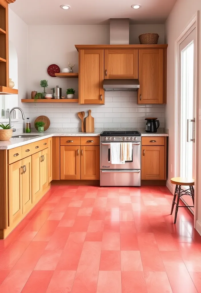 27 Vibrant Kitchen Flooring Ideas to Complement Oak Cabinets - 17. Bright Coral Vinyl