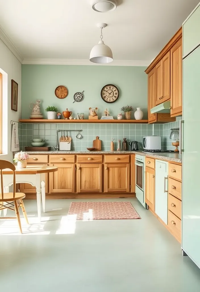 27 Vibrant Kitchen Flooring Ideas to Complement Oak Cabinets - 19. Soft Mint Green Linoleum