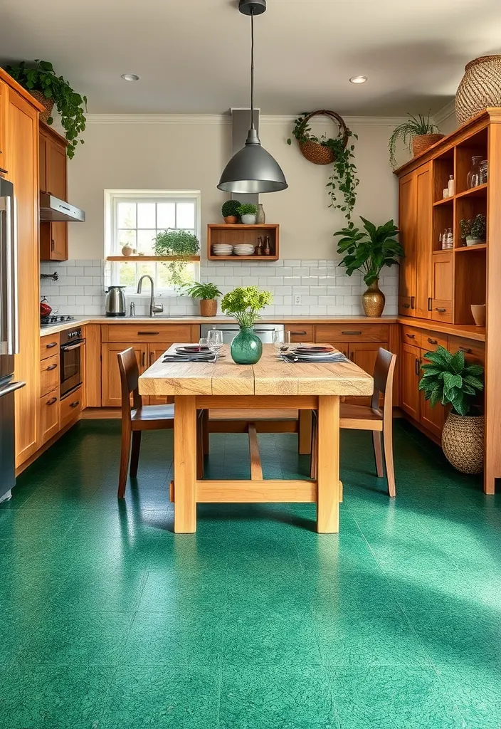 27 Vibrant Kitchen Flooring Ideas to Complement Oak Cabinets - 3. Emerald Green Cork Flooring